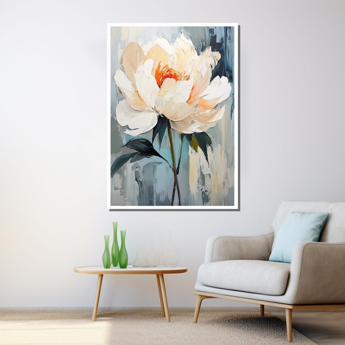 Textured White Peony Painting Blue Gray Abstract Background Art Poster - Image 3