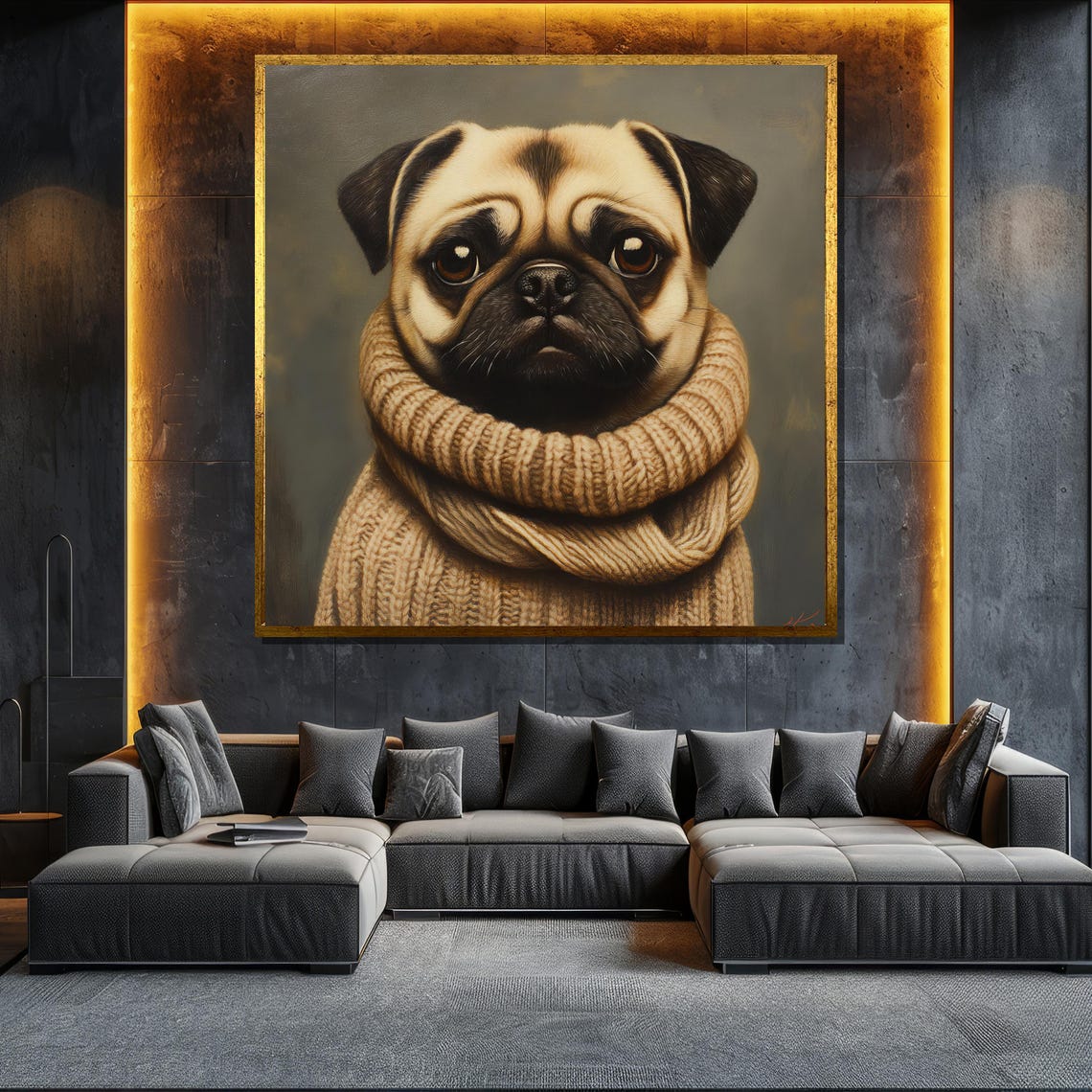 Pug Chunky Knit Scarf Cozy Cute Dog Portrait Winter Pet Wall Art