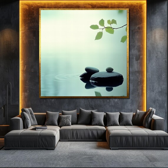 Minimalist Zen Stones Calm Water Green Branch Serene Nature Wall Poster