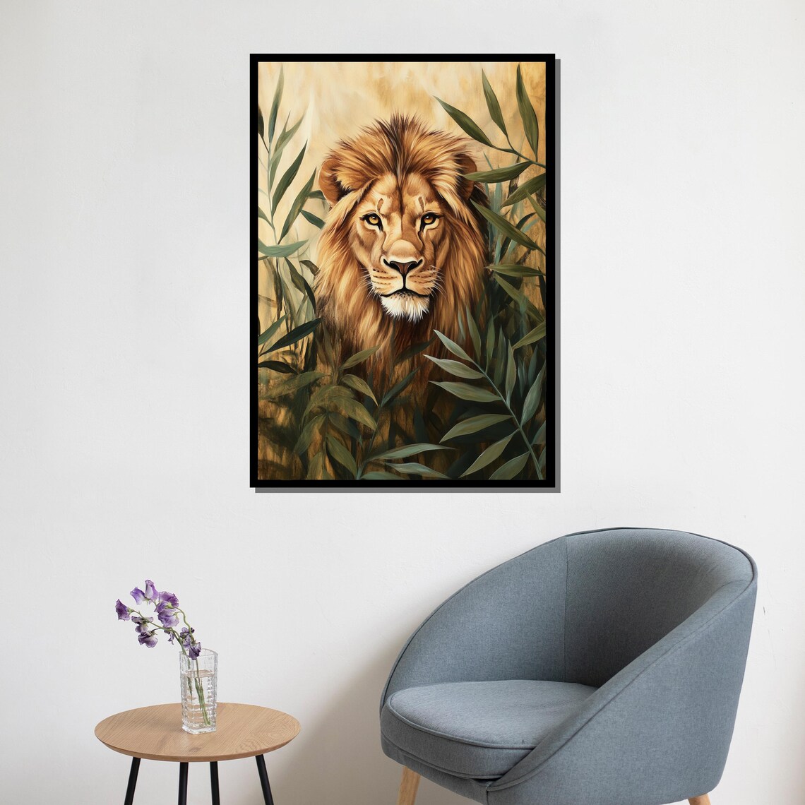 Lion Jungle Leaves Golden Regal Big Cat Face Portrait Wall Art - Image 5