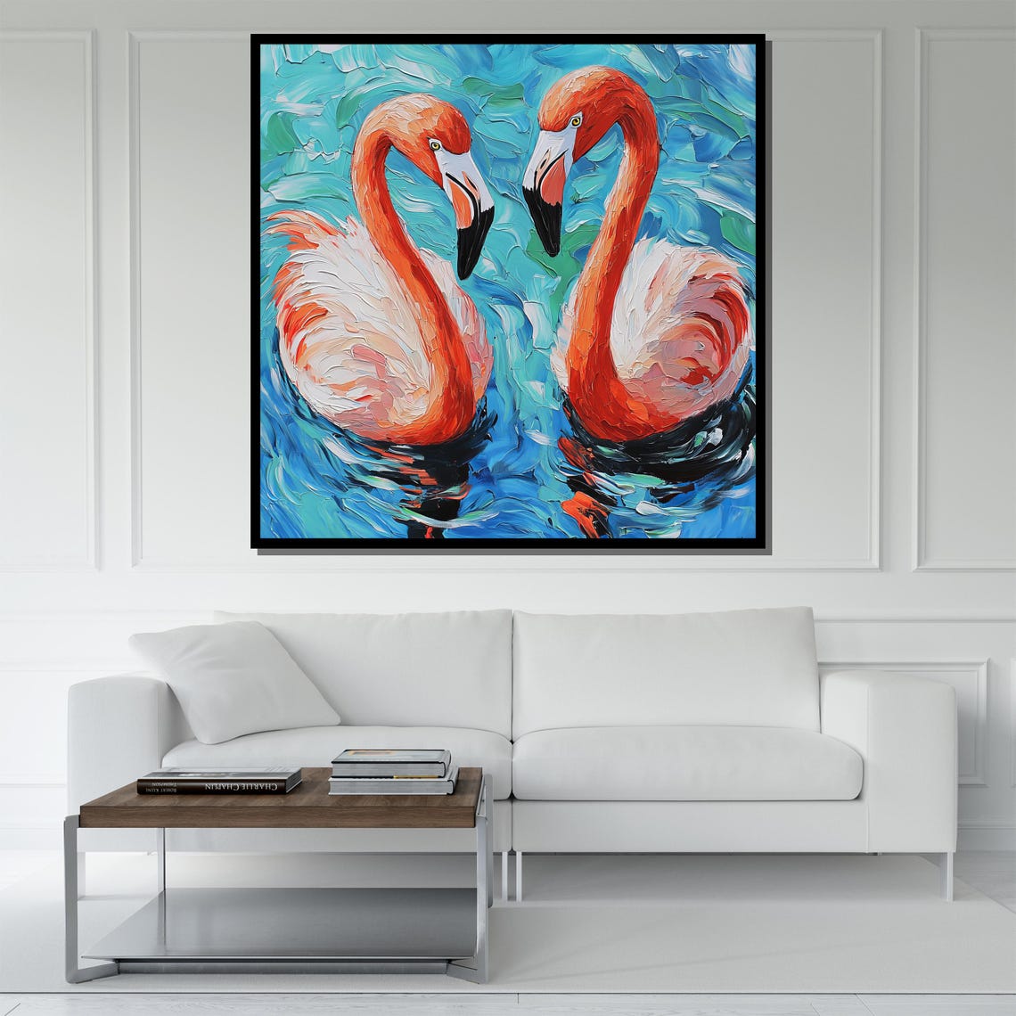 Two Flamingos Heart Shape Turquoise Water Impasto Art Poster - Image 5