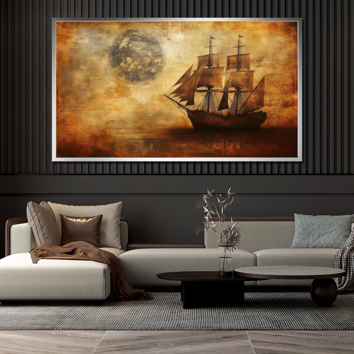 Vintage Tall Ship Full Moon Sepia Grunge Nautical Sailing Poster - Image 4