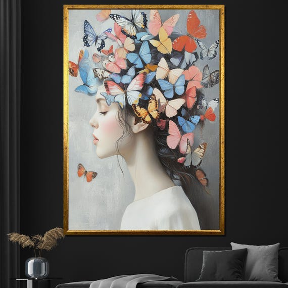 Butterfly Woman Painting Colorful Wall Art Feminine Decor Large Wall Art Unique Gift For Art Lovers