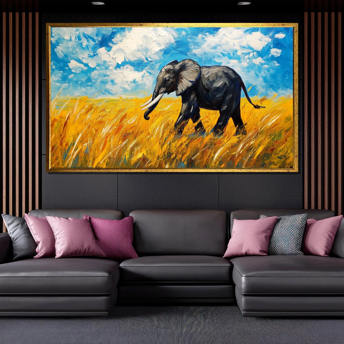 African Elephant Golden Savanna Grass Bright Blue Sky Safari Art Poster