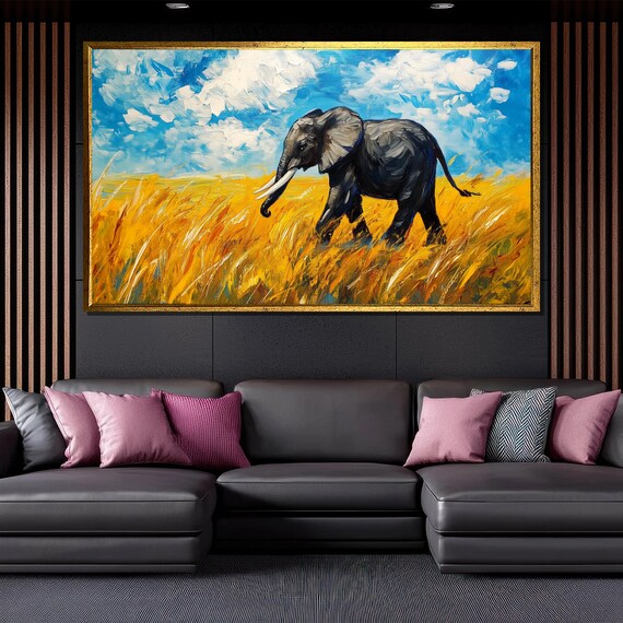 African Elephant Golden Savanna Grass Bright Blue Sky Safari Art Poster