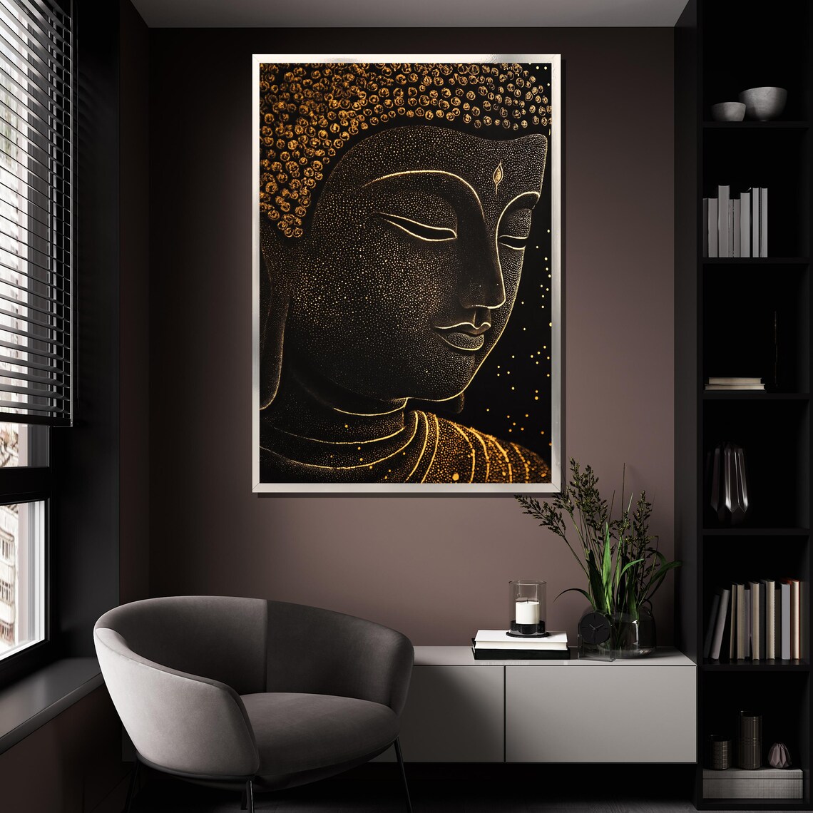 Golden Buddha Face Dotted Line Art Black Elegant Zen Meditation Poster - Image 4
