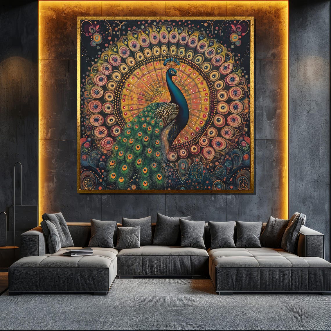 Peacock Mandala Dotwork Tail Colorful Bohemian Bird Art Poster
