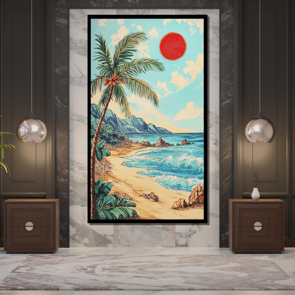 Tropical Beach Palm Tree Red Sun Ocean Waves Retro Travel Poster - Image 5