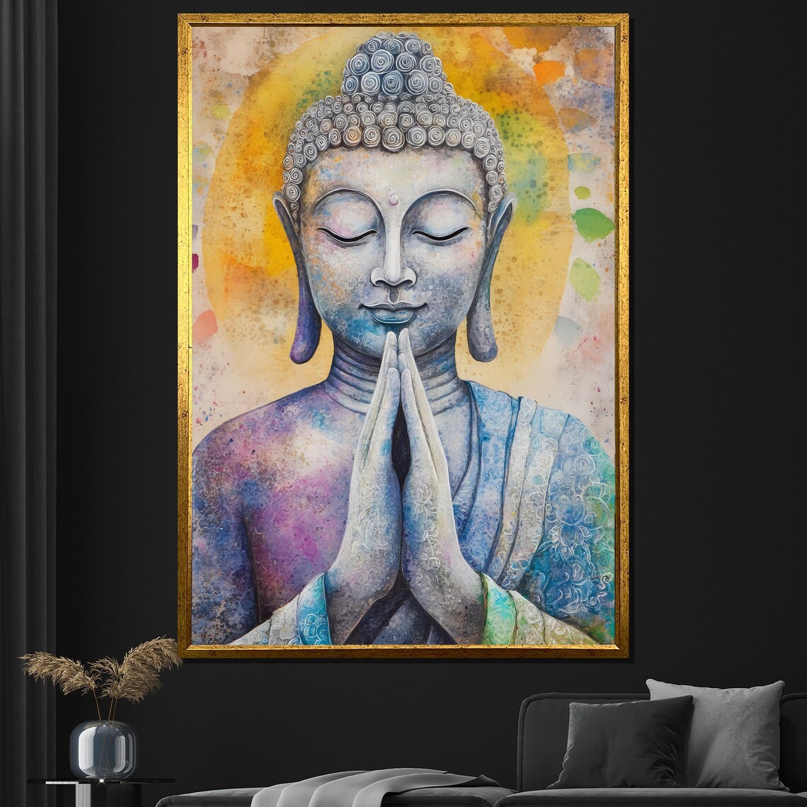 Colorful Watercolor Buddha Praying Hands Vibrant Spiritual Zen Art Poster