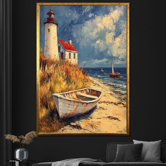 Lighthouse And Boat Painting Coastal Nautical Wall Art For Living Room Beach House Gift Decor