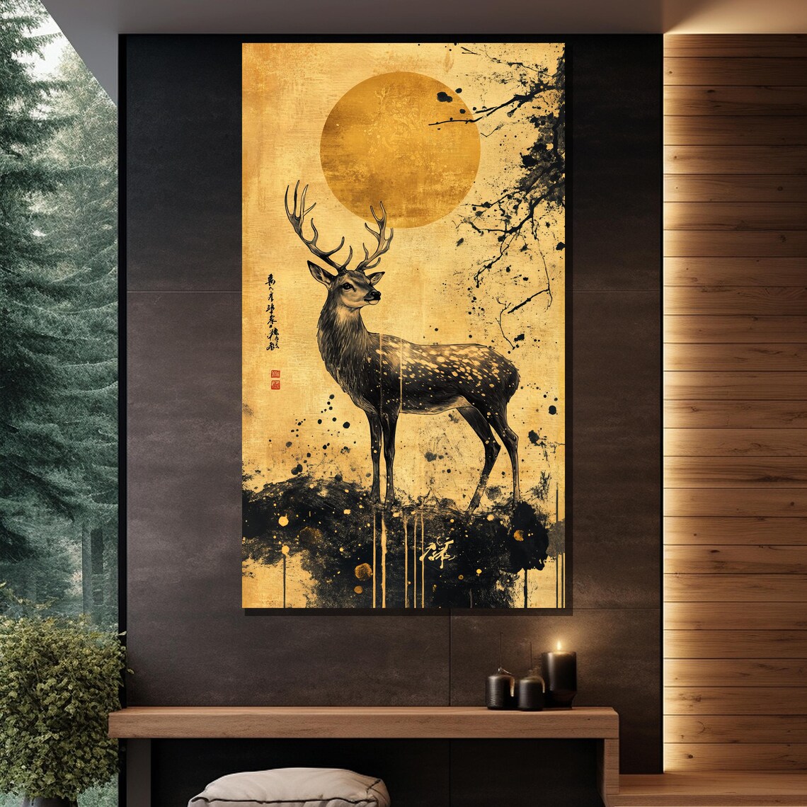 Japanese Ink Deer Golden Moon Sumi Style Elegant Wildlife Art Poster - Image 2