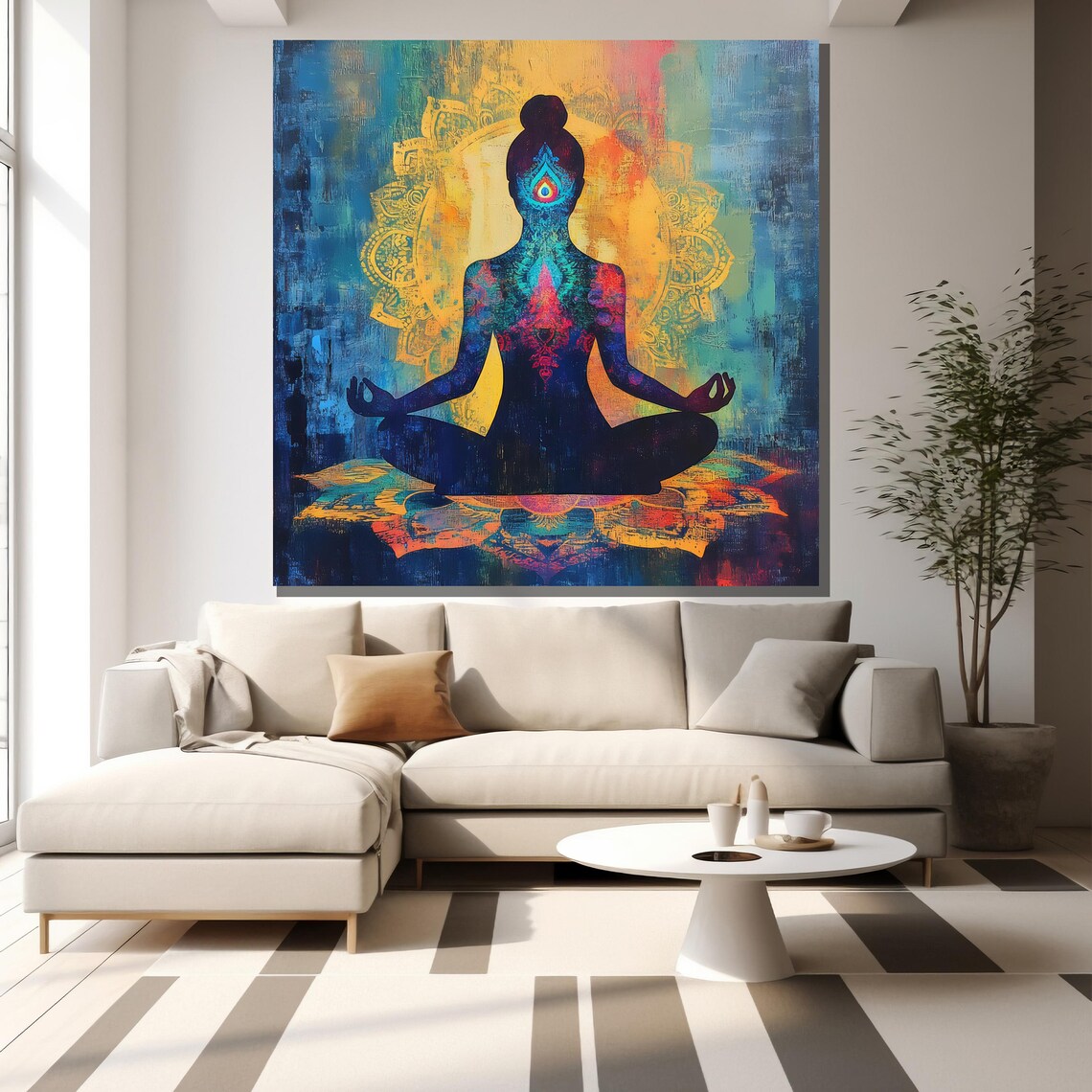 Meditating Woman Chakra Mandala Silhouette Vibrant Blue Orange Art Poster - Image 2
