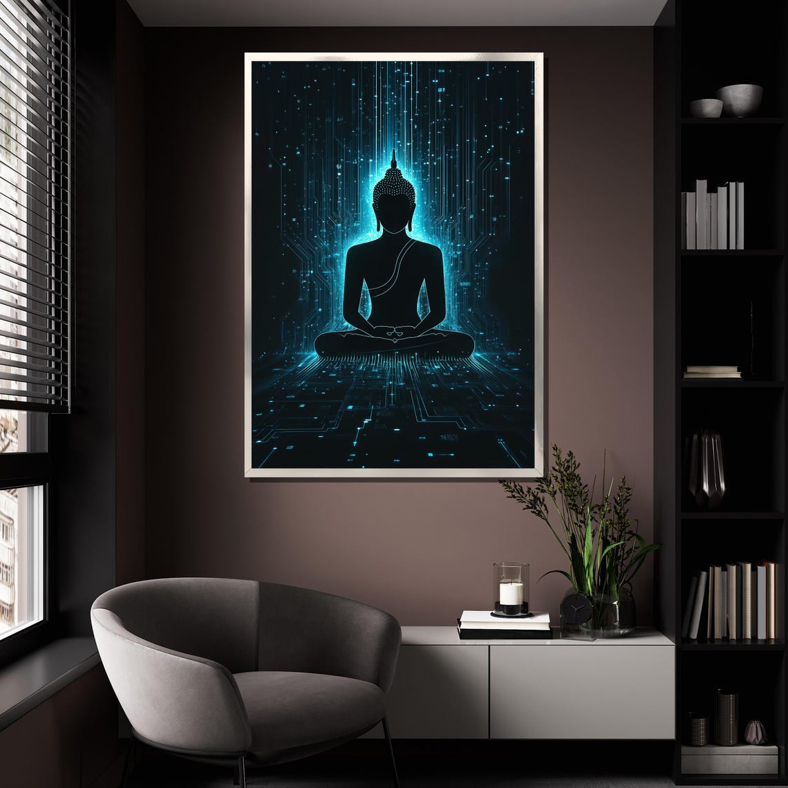 Futuristic Buddha Silhouette Glowing Blue Digital Matrix Art Poster - Image 4