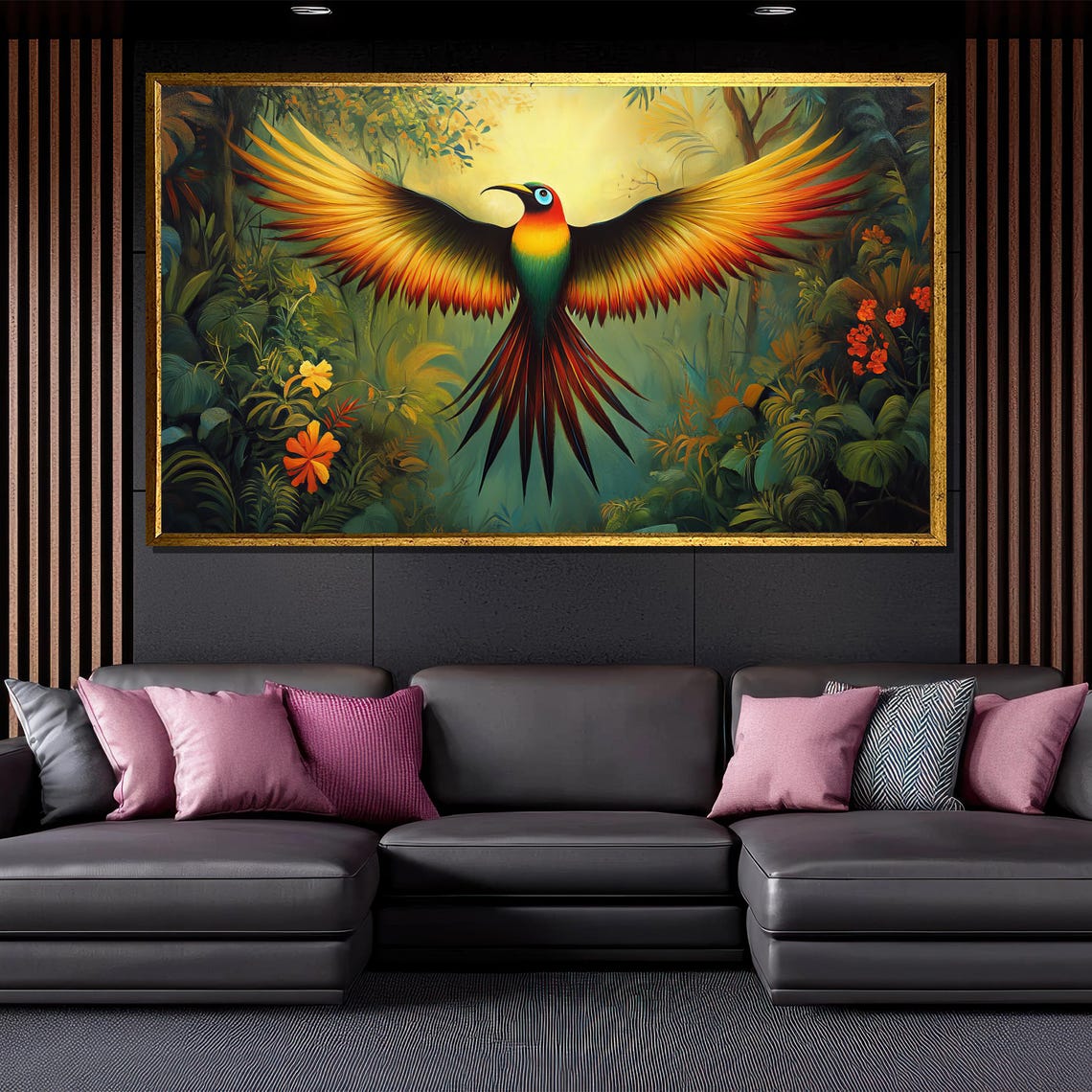 Vibrant Tropical Bird Wings Spread Jungle Painting Colorful Wall Art