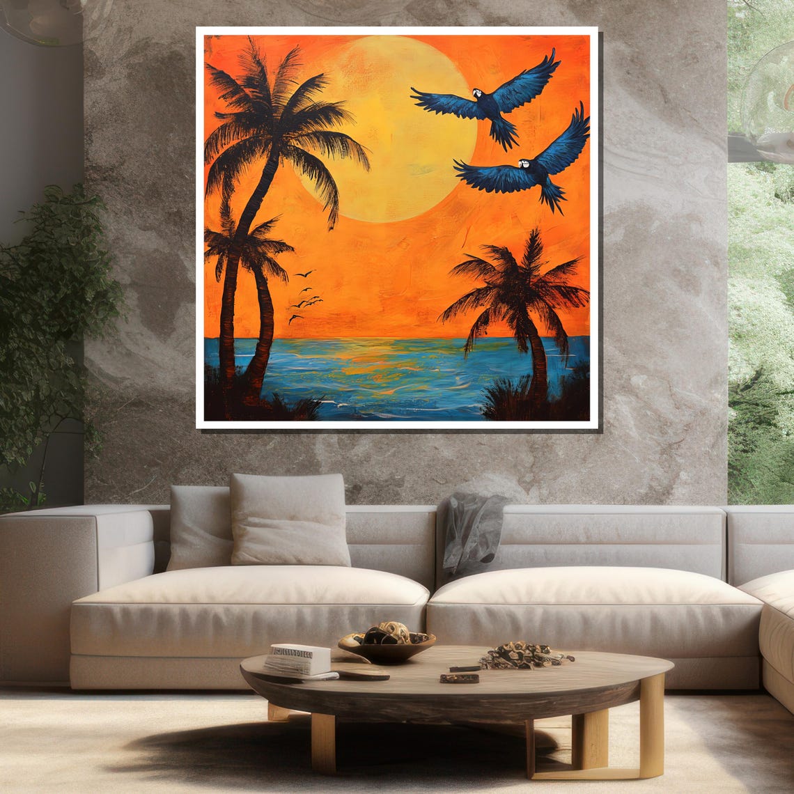 Tropical Sunset Beach Macaws Flying Palm Trees Ocean Wall Art - Image 3