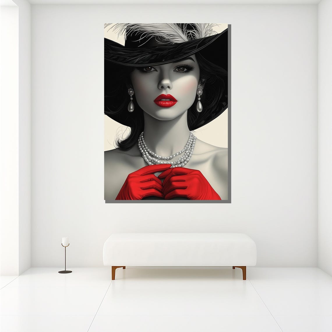 Elegant Woman Black Hat Red Lips Gloves Pearls Glamour Wall Poster - Image 2