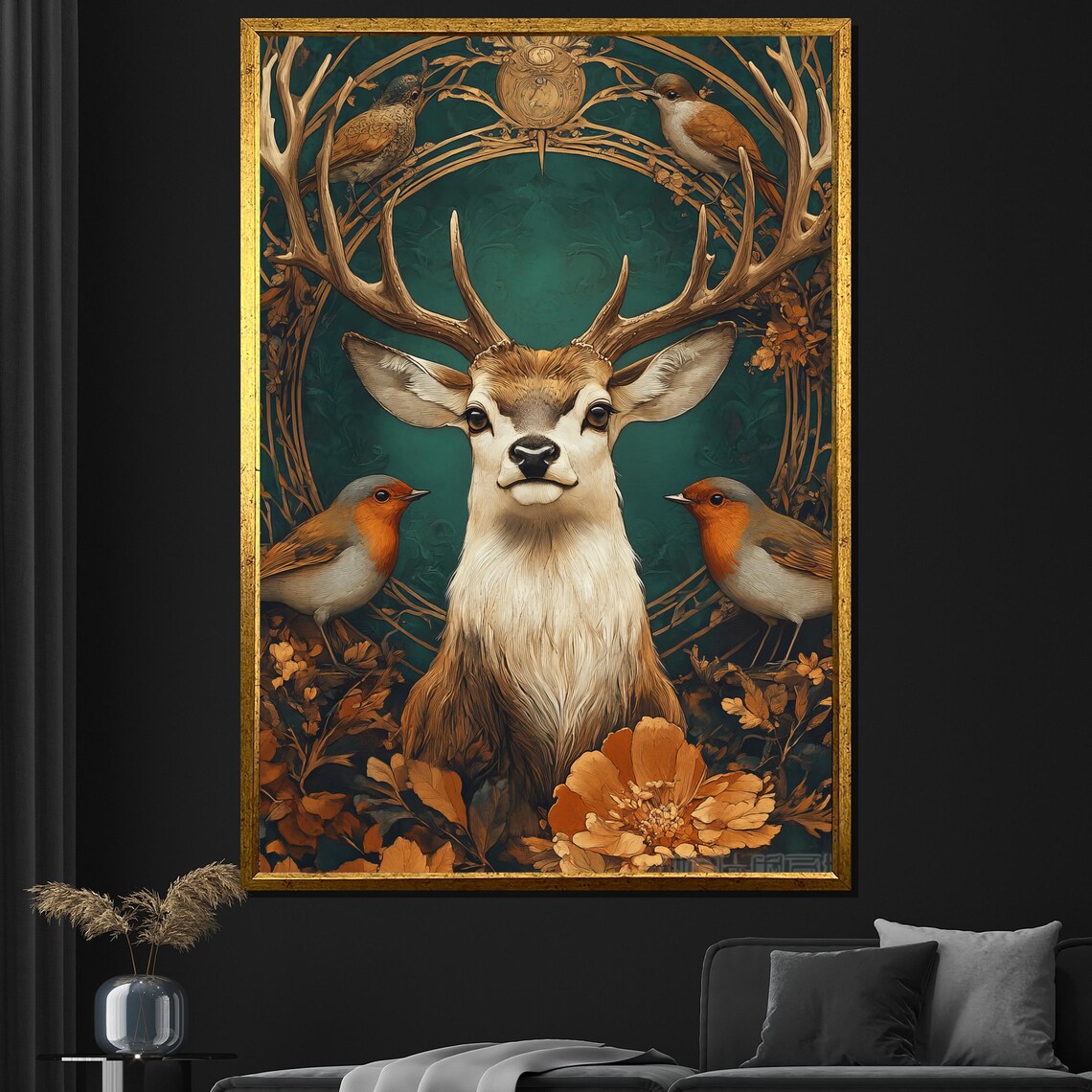 Stag Antlers Robins Golden Elegant Deer Portrait Nature Wall Art
