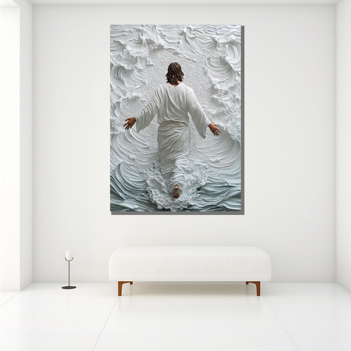 Jesus Walking On Textured White Ocean Waves Religious Poster - Image 2