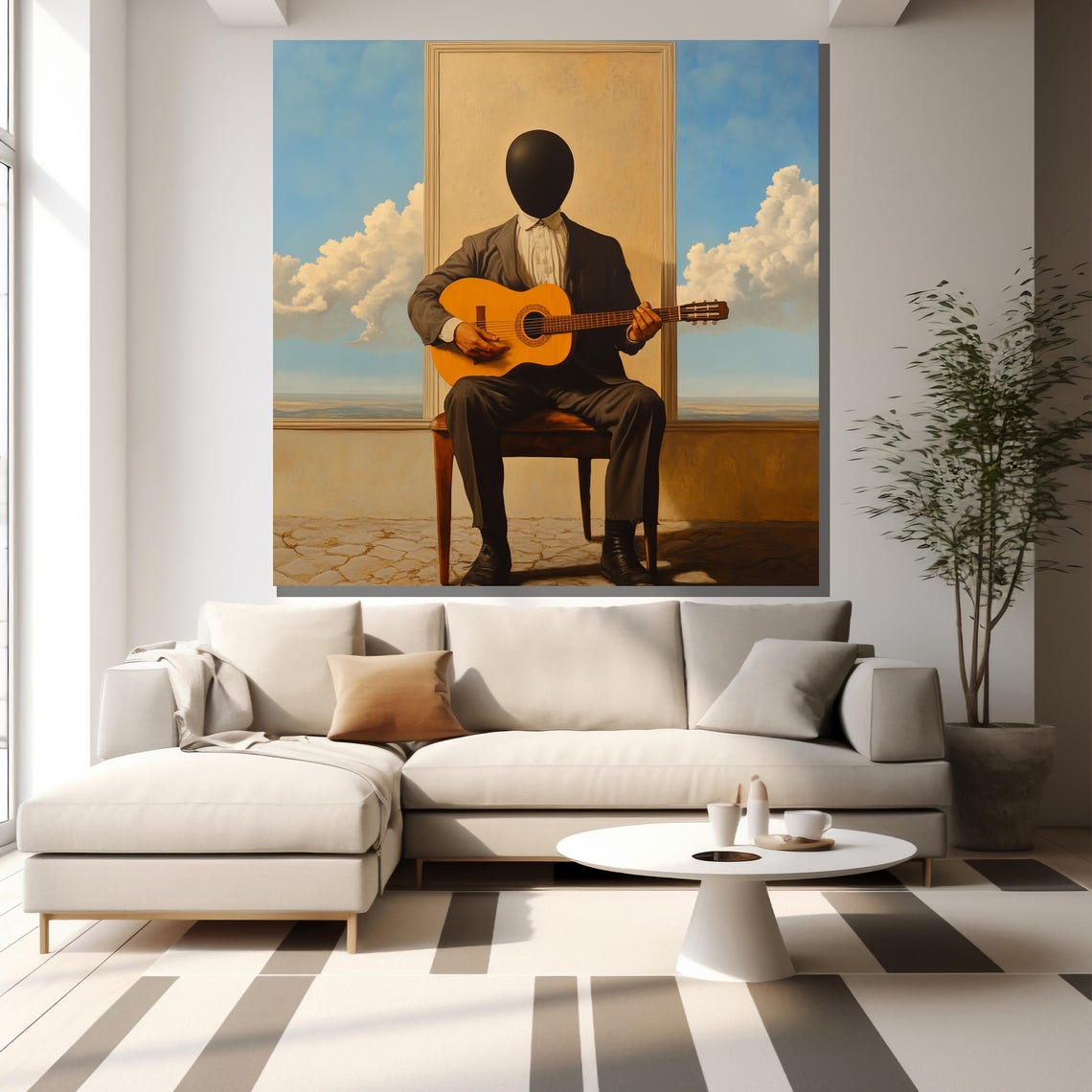 Faceless Man Playing Guitar By The Window Surreal Art Poster - Image 2