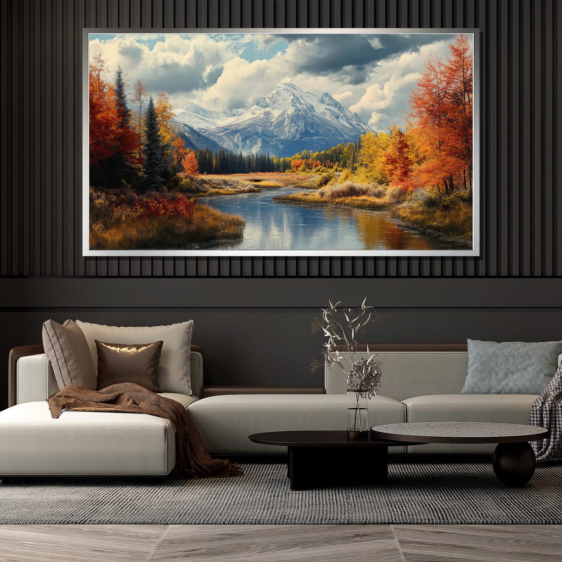 Snow Capped Mountain Autumn Lake Reflection Orange Trees Nature Poster - Image 4