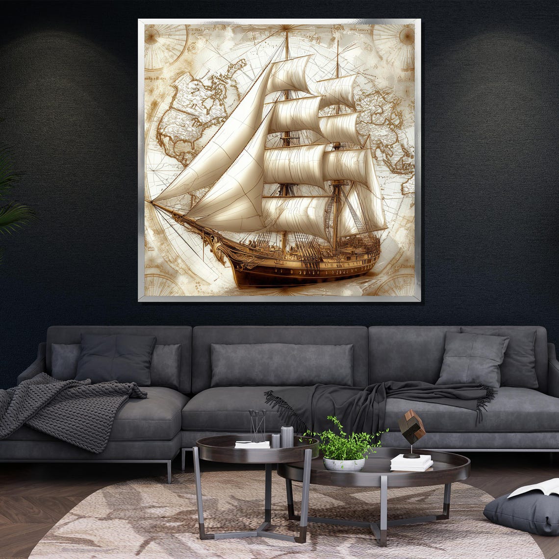 Vintage Sailing Ship On Antique World Map Nautical Wall Art Poster - Image 4