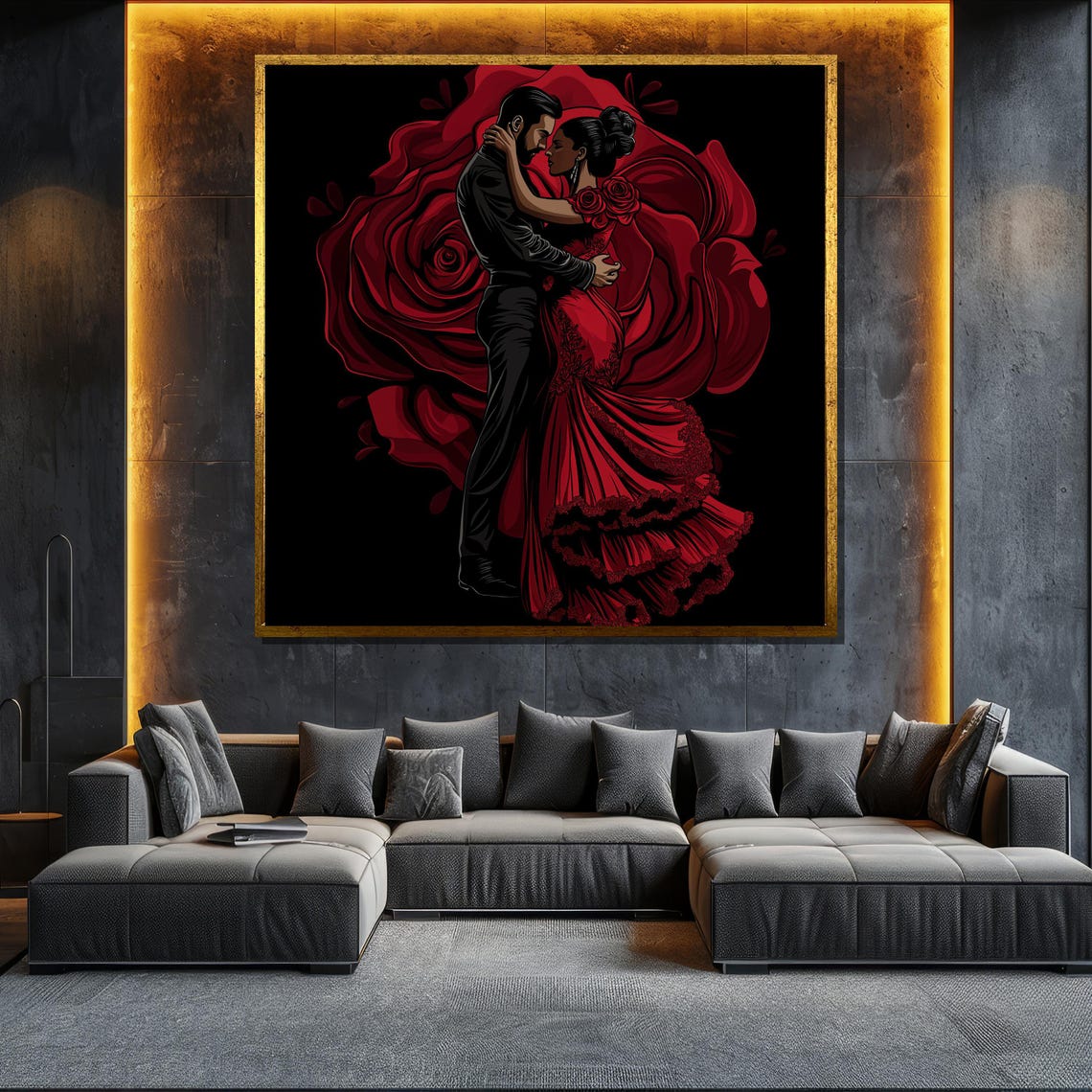Flamenco Couple Embracing Before Giant Red Rose Graphic Art Poster