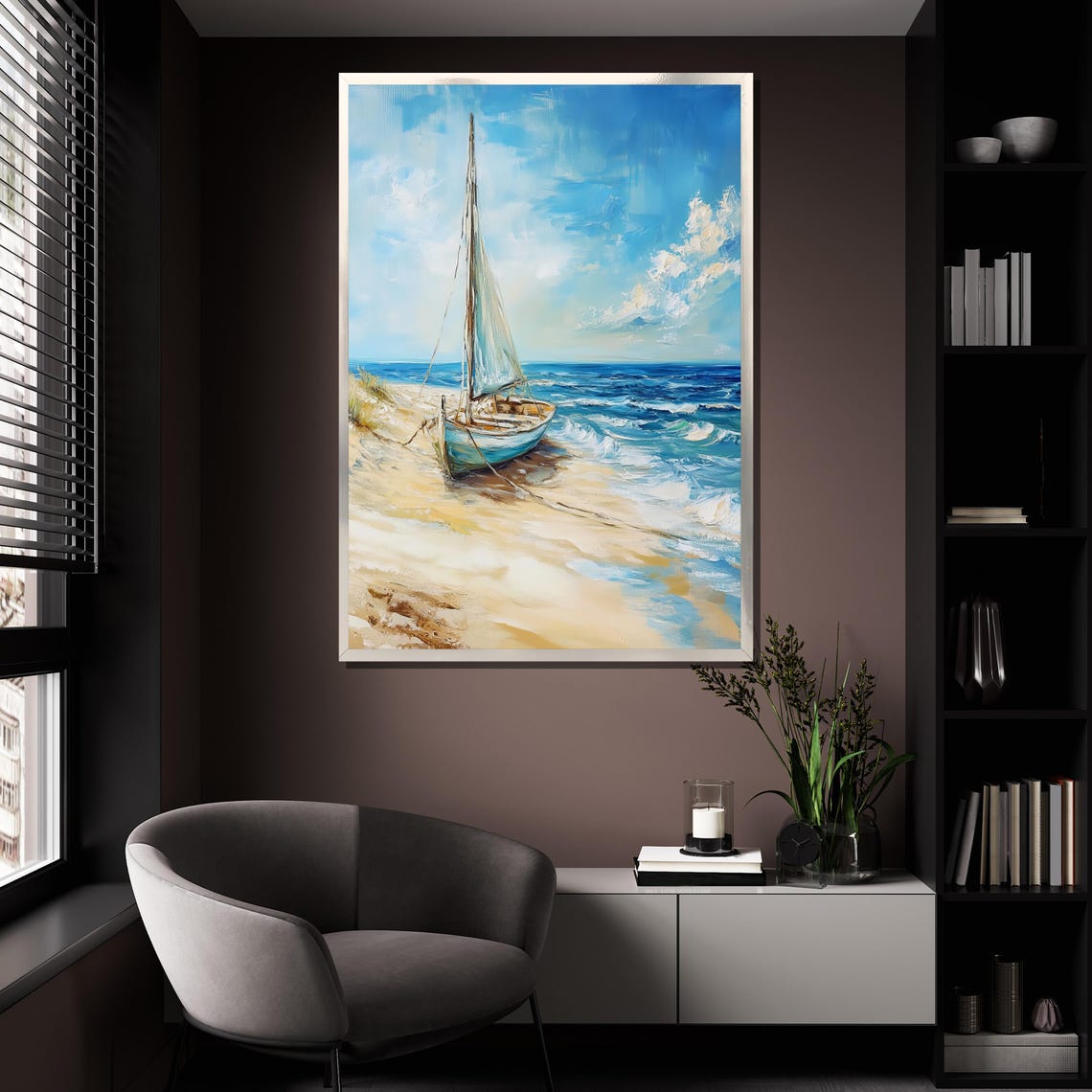 Beached Sailboat Sandy Shore Blue Waves Sunny Coastal Poster - Image 4