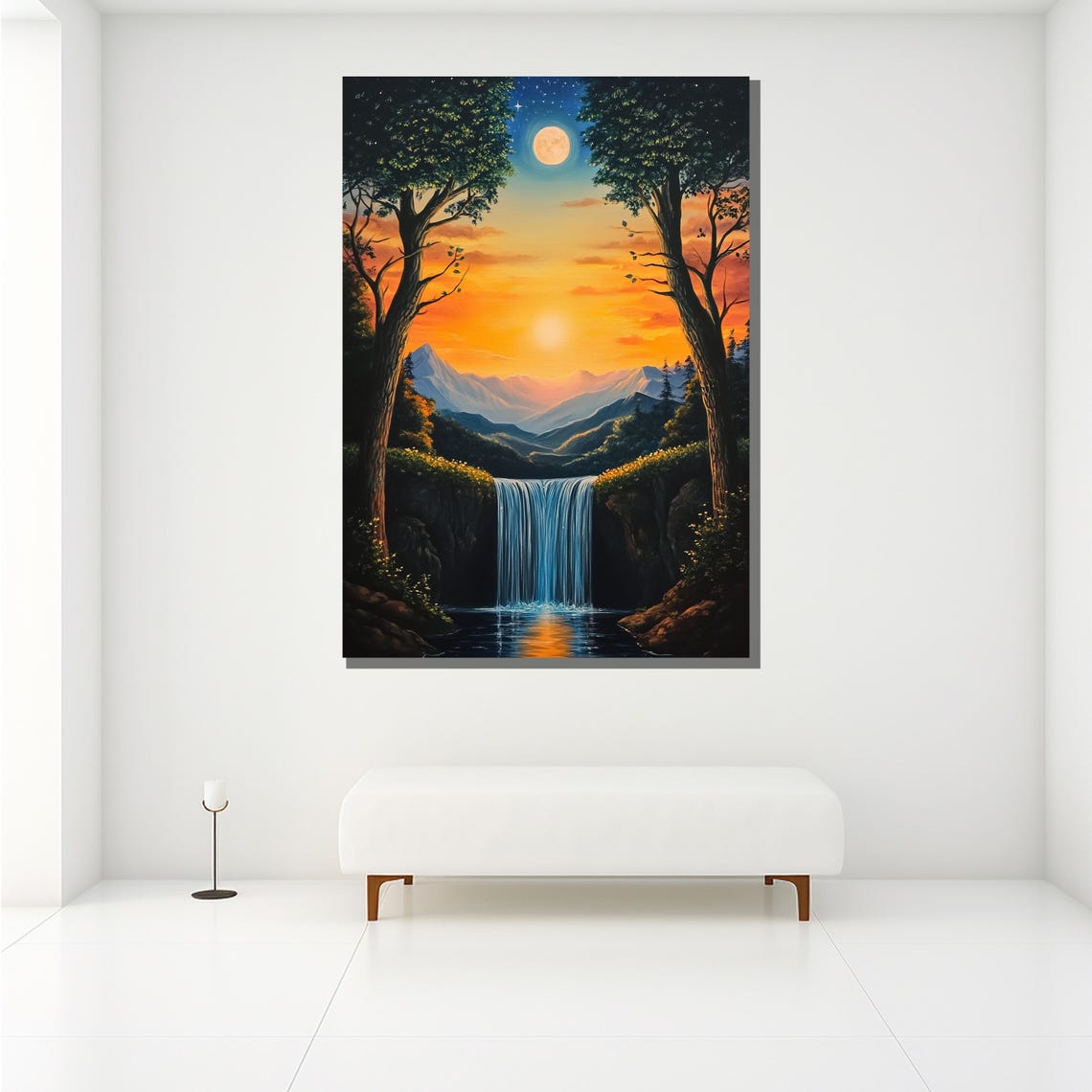 Sunset Waterfall Mountains Moonlit Sky Serene Nature Painting Poster - Image 2