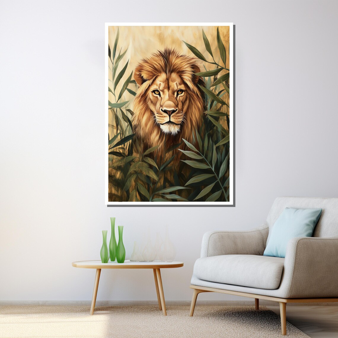 Lion Jungle Leaves Golden Regal Big Cat Face Portrait Wall Art - Image 3