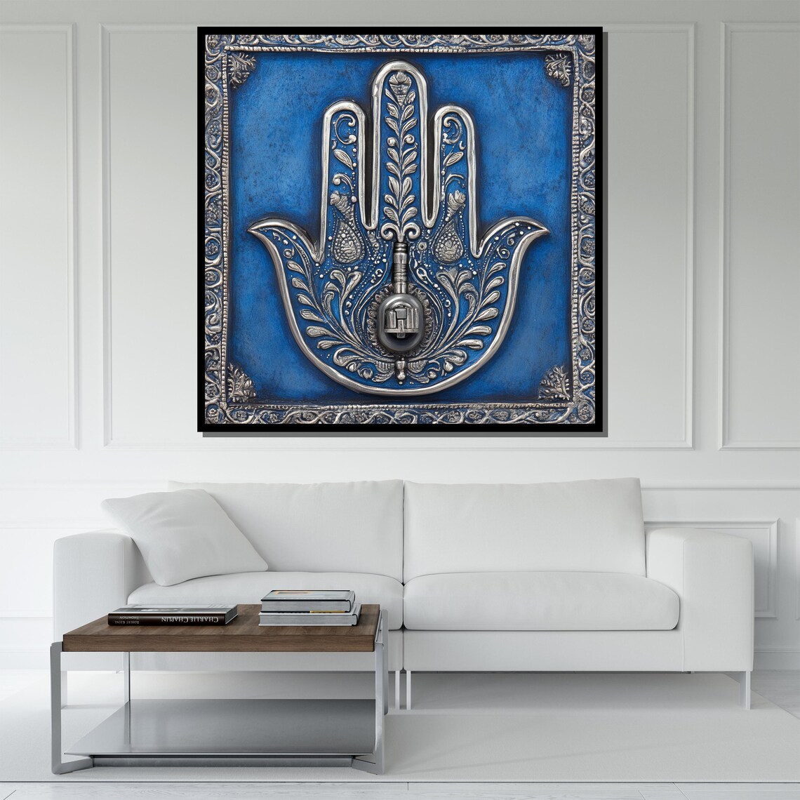 Ornate Silver Hamsa Hand Blue Boho Spiritual Protection Wall Art Poster - Image 5