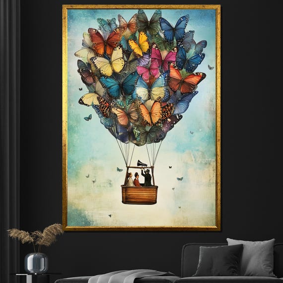 Colorful Butterfly Balloon Painting Whimsical Hot Air Balloon Art Unique Wall Art For Living Room Gift For Nature Lovers