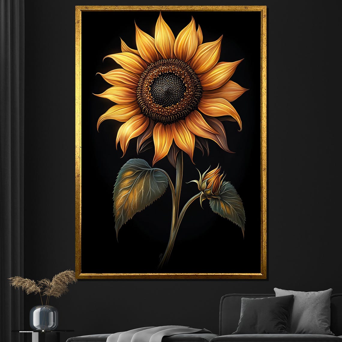 Golden Sunflower With Bud On Black Background Modern Art Poster