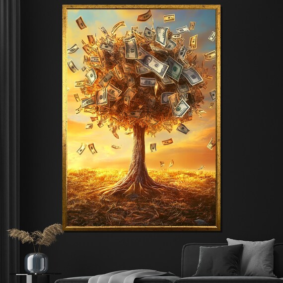 Money Tree Painting Wealth Symbol Wall Art For Living Room Unique Motivational Decor Gift