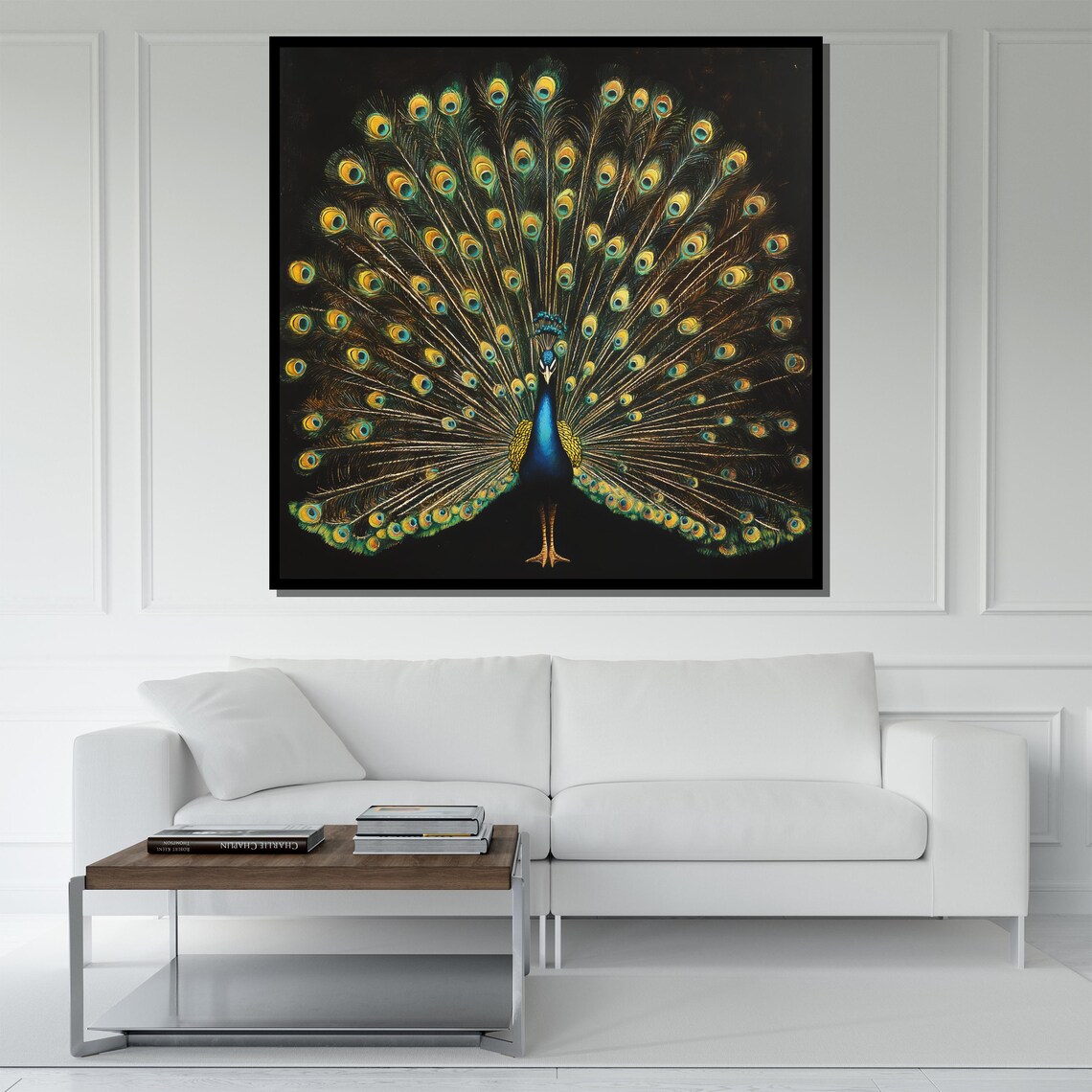 Peacock Fanned Tail Black Background Elegant Bird Art Poster - Image 5