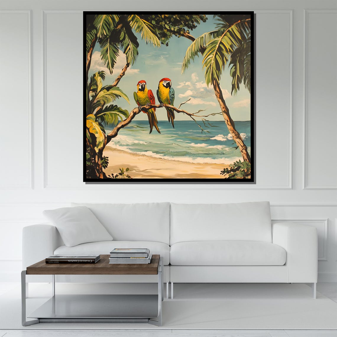 Parrots Beach Palm Trees Tropical Macaw Pair Coastal Wall Art - Image 5