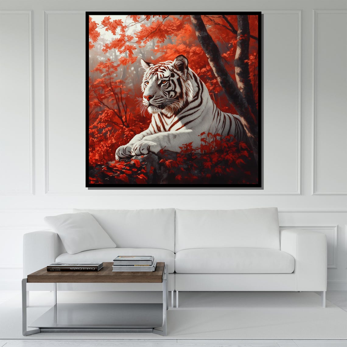 White Tiger Red Forest Majestic Resting Big Cat Wildlife Wall Art - Image 5