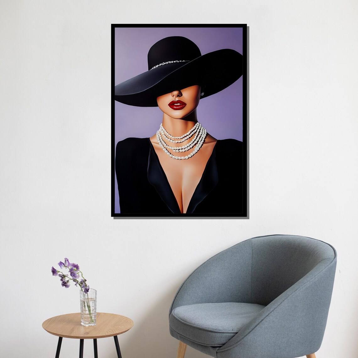 Black Hat Pearl Necklace Woman Red Lips Modern Fashion Art Wall Poster - Image 5