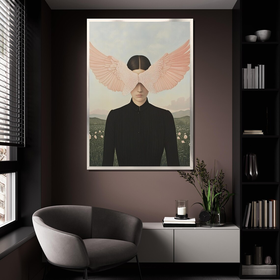 Surreal Woman With Pink Angel Wings Veiling Eyes In Flower Field Poster - Image 4