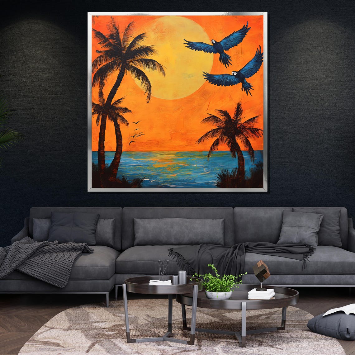 Tropical Sunset Beach Macaws Flying Palm Trees Ocean Wall Art - Image 4