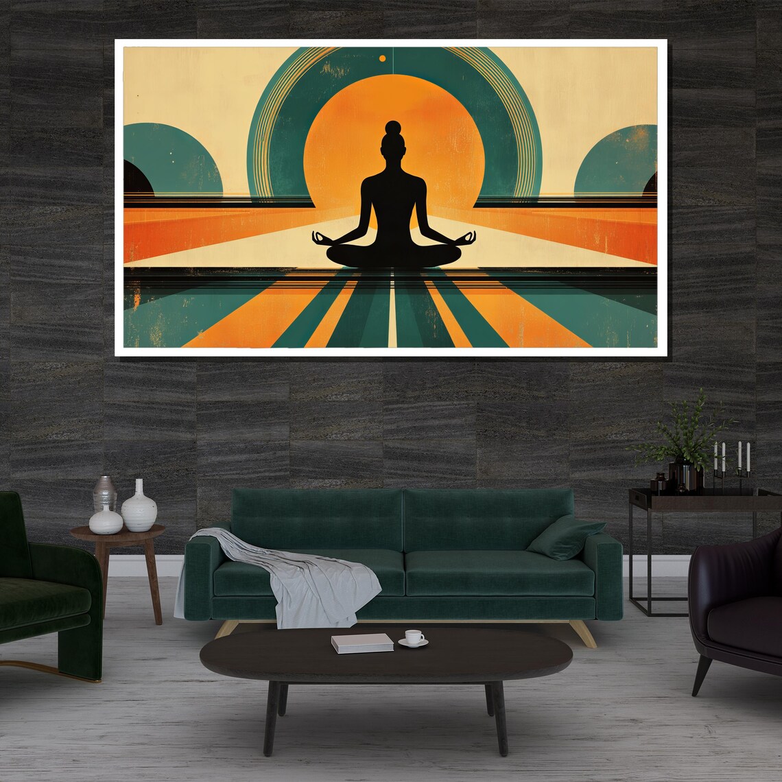 Retro Meditation Silhouette Orange Sun Teal Vintage Yoga Zen Art Poster - Image 3