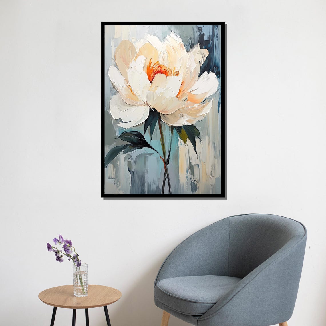 Textured White Peony Painting Blue Gray Abstract Background Art Poster - Image 5