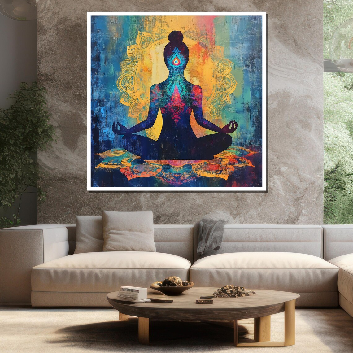 Meditating Woman Chakra Mandala Silhouette Vibrant Blue Orange Art Poster - Image 3