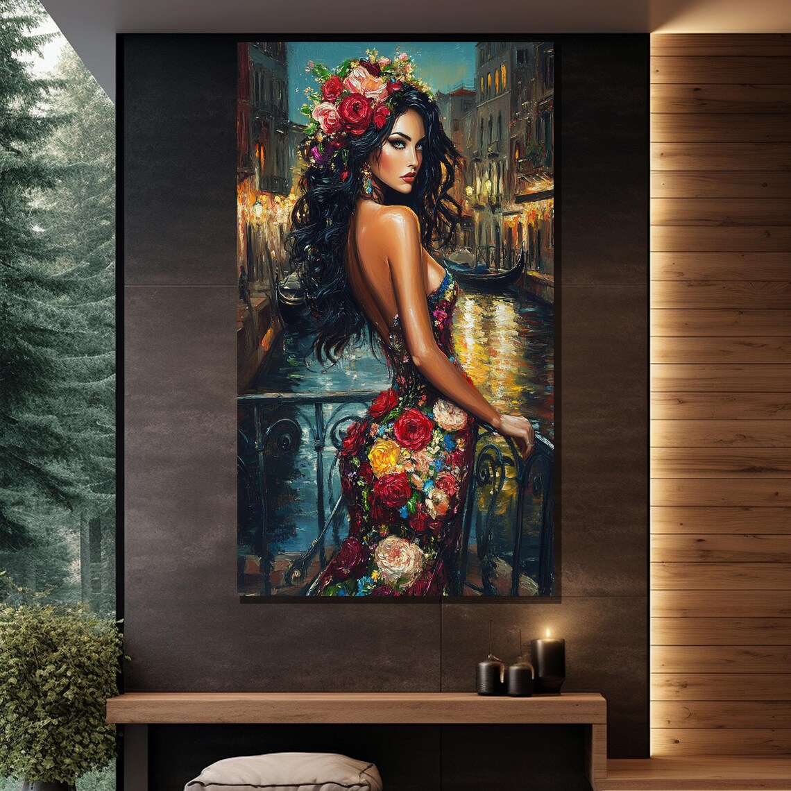 Elegant Woman Floral Dress Flower Crown Venice Canal Night Wall Poster - Image 2