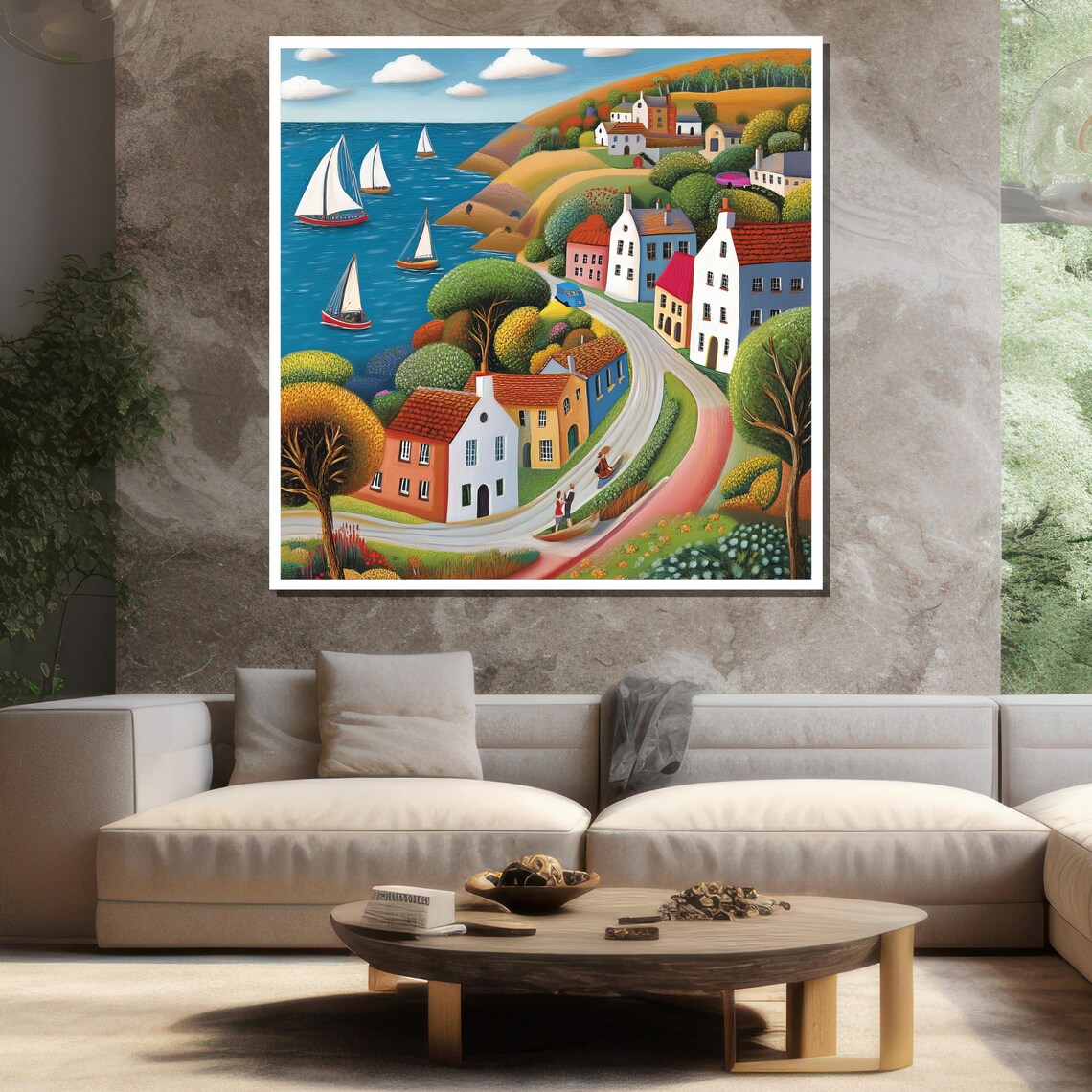 Colorful Coastal Village Sailboats Winding Road Naive Style Poster - Image 3