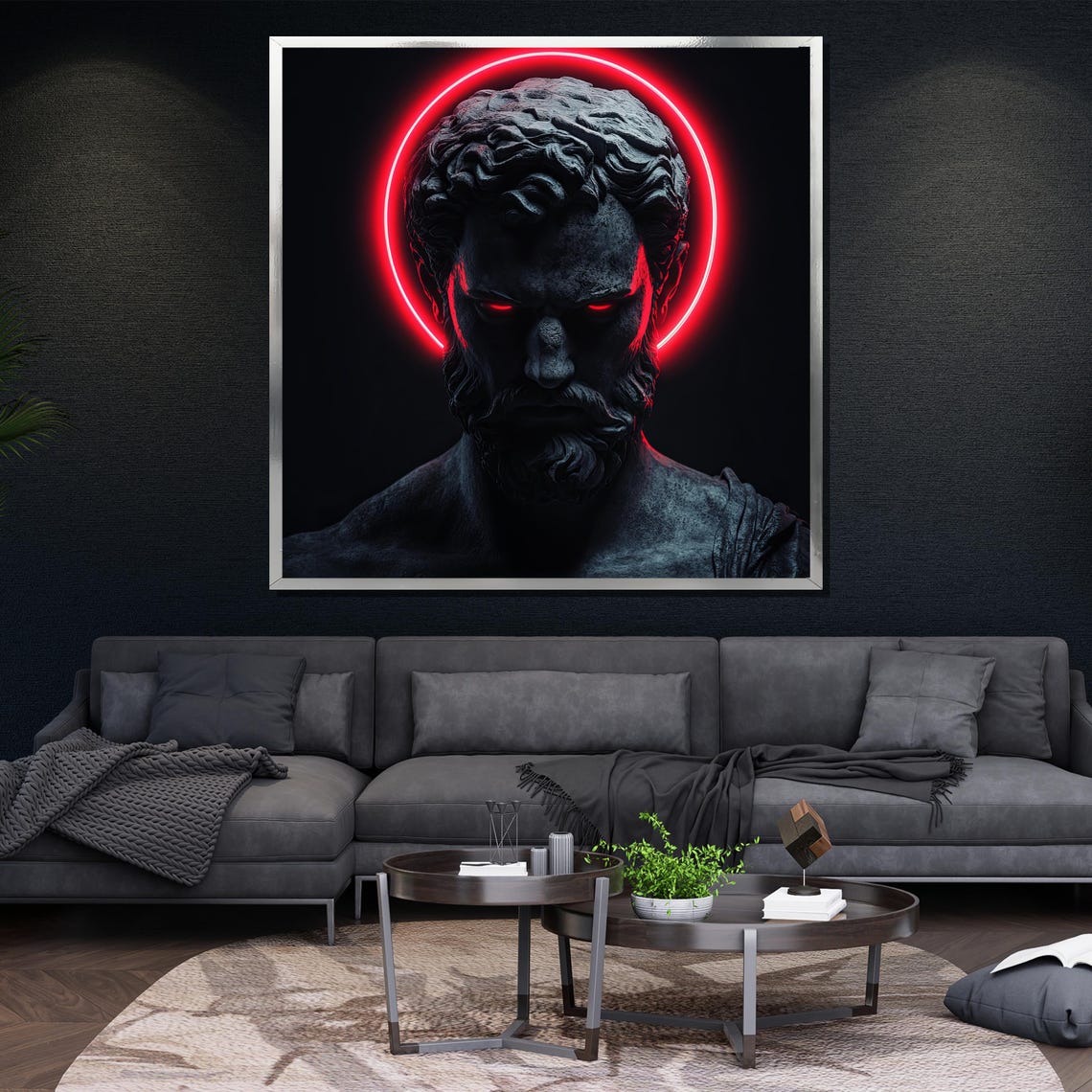 Dark Greek God Bust With Red Neon Halo Sculpture Art Wall Poster - Image 4