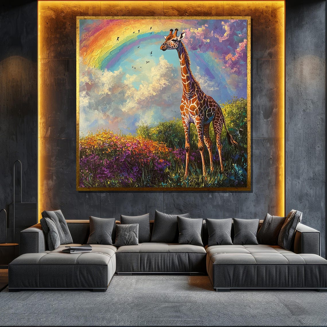 Giraffe Rainbow Meadow Colorful Wildflower Safari Wildlife Wall Art