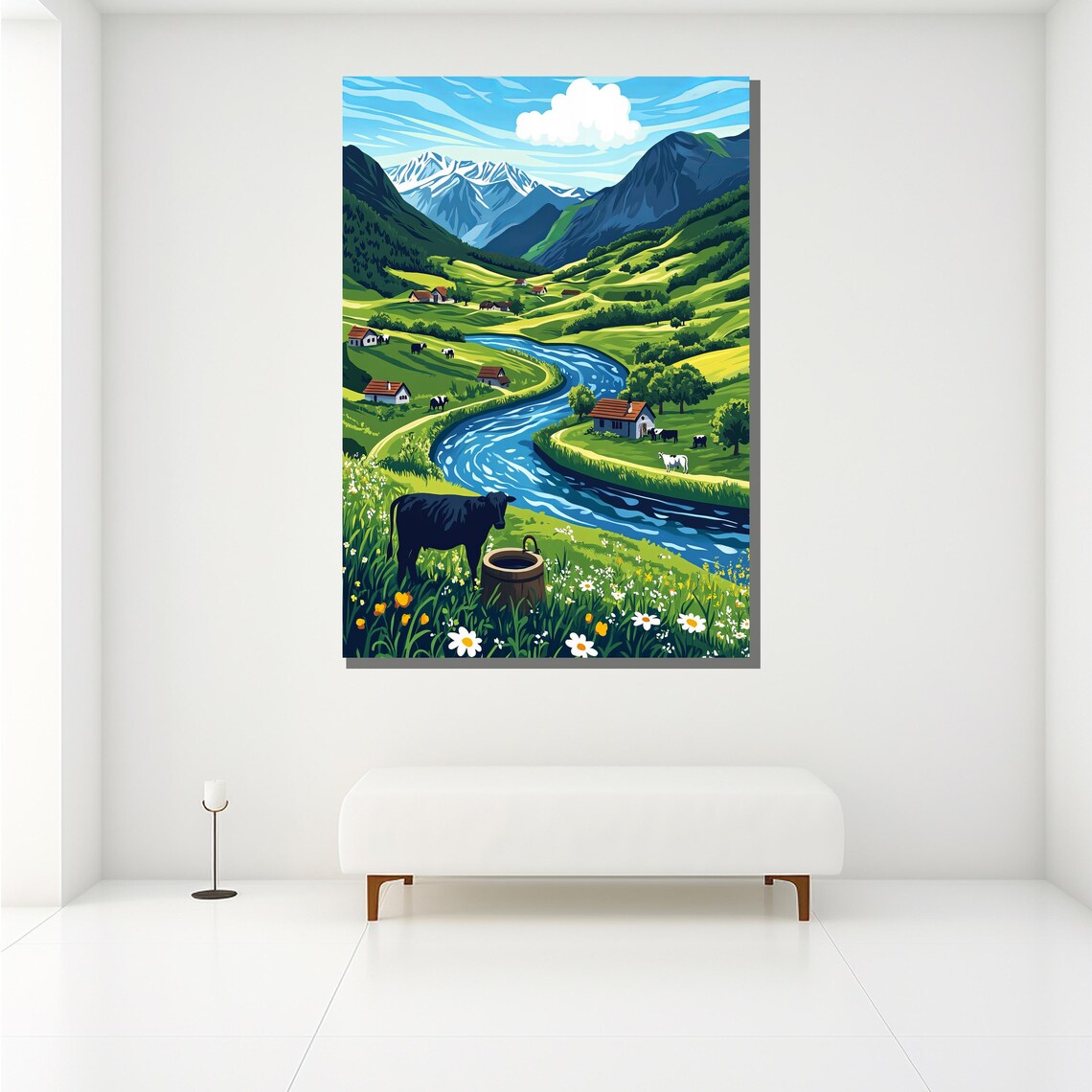 Alpine Valley River Farmhouses Cows Snowy Peaks Colorful Poster - Image 2