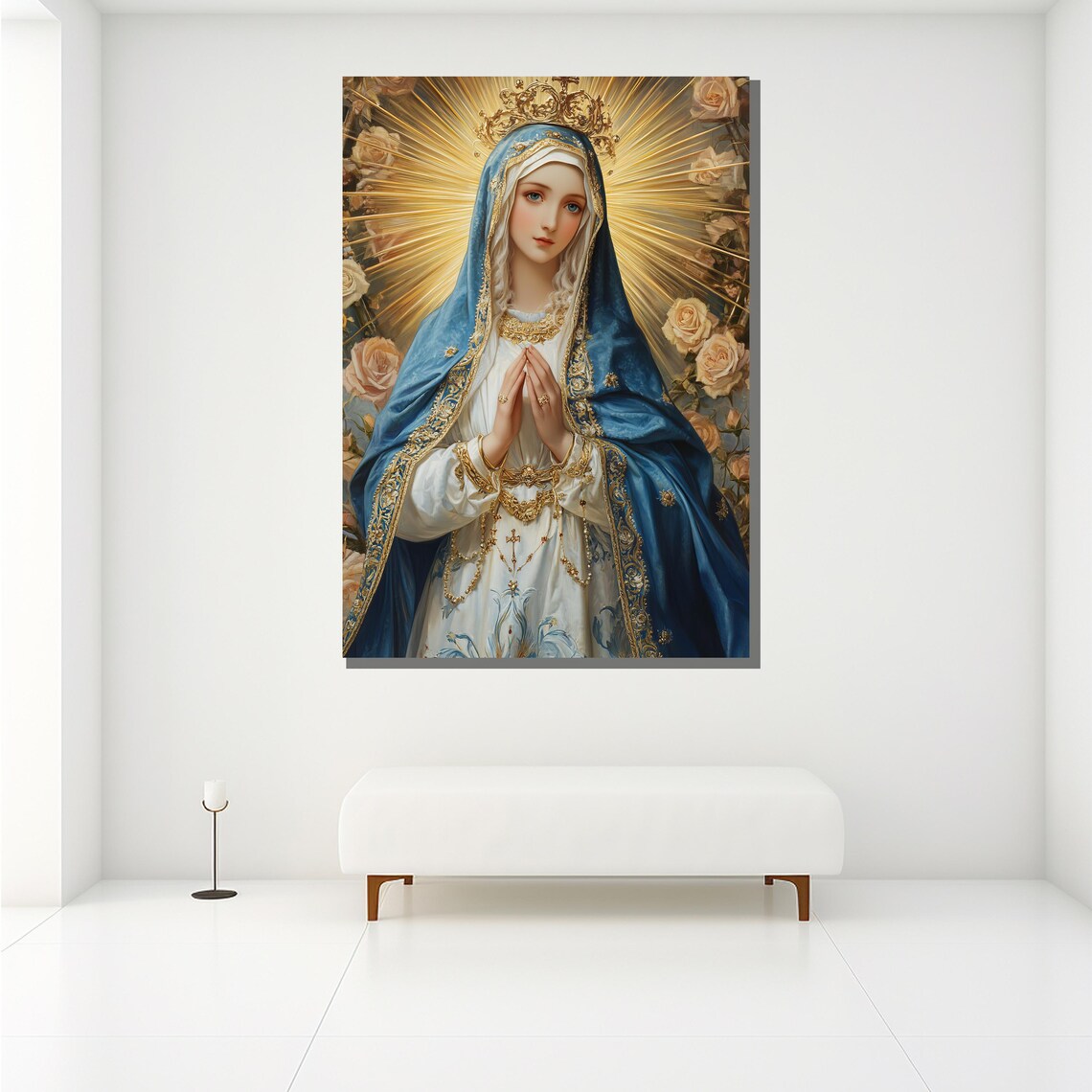 Virgin Mary Praying Blue Mantle Golden Halo Roses Catholic Art Poster - Image 2
