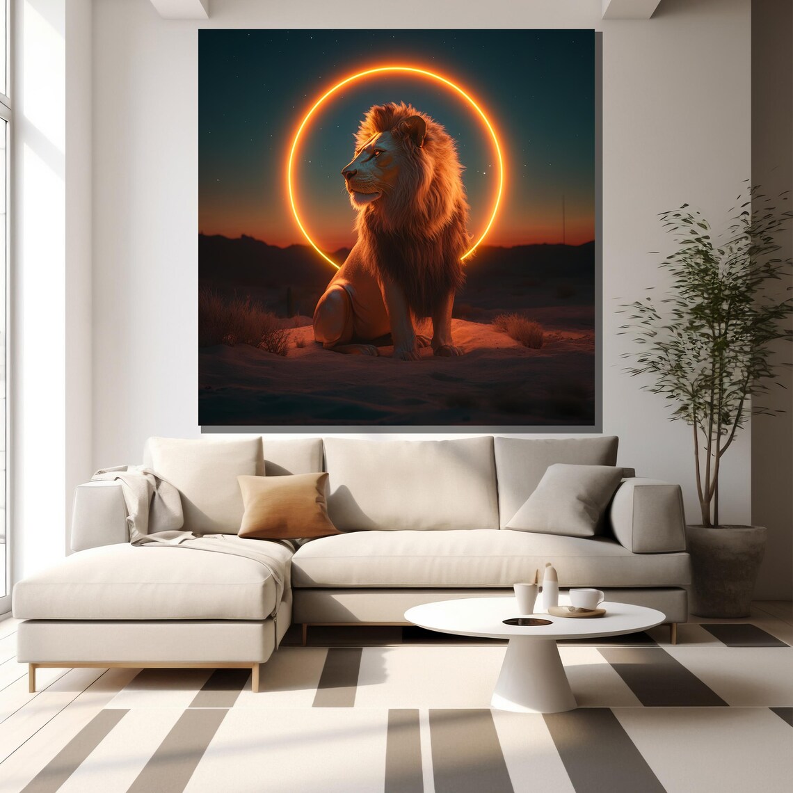 Lion Neon Halo Desert Dusk Bold Modern Wildlife Glow Wall Art - Image 2