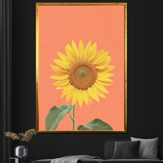 Bright Sunflower Painting Coral Background Wall Art For Living Room Modern Floral Decor Gift